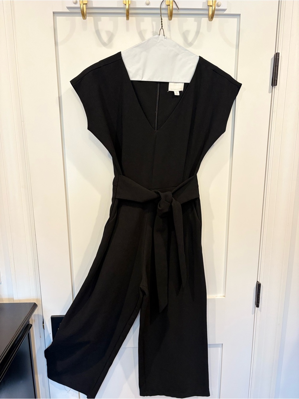 Anthropologie Black V-Neck Tie-Waist Cropped Jumpsuit